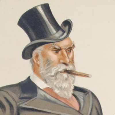 drawing of the bust of an old white guy with a gray beard and pointy eyebrows in a top hat and suit smoking a stogie